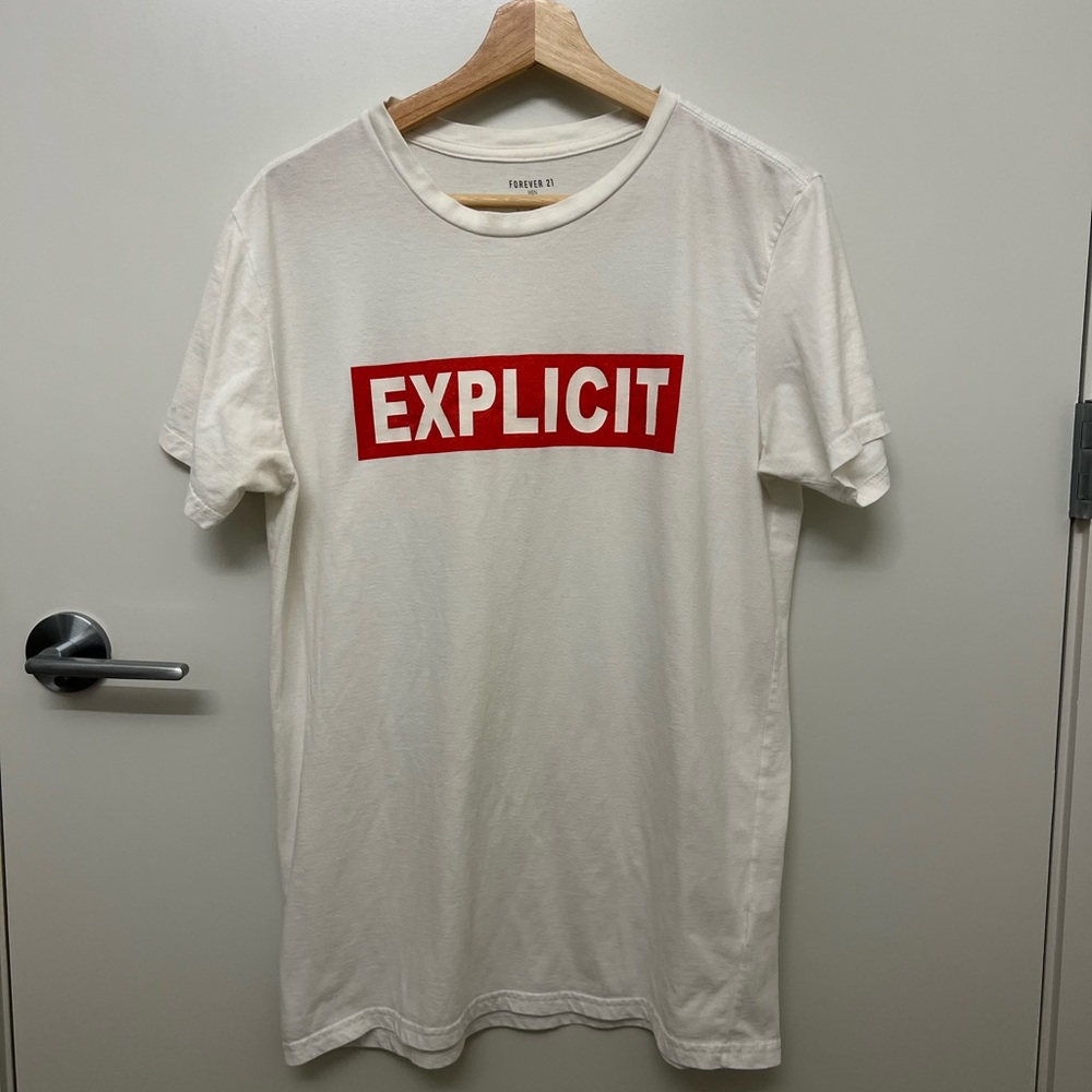 Forever 21 Men White “Explicit” Graphic Tee Size L — Red Block Design
